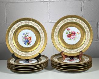 (12pc) Gold Rimmed Plates | Bavarian China plates with floral center and gold trim. Marked on the bottom. - dia. 10.5 in