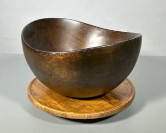 (2pc) Salad Bowl And Lazy Susan | Dark wood deep bowl and spinning tray made in Vermont - dia. 12 in (Lazy Susan)