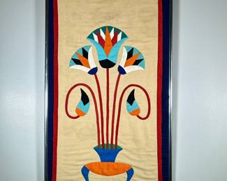 LINEN TAPESTRY ARTWORK | Stitched linen tapestry. Egyptian; Lotus Appliqué - h. 30.75 x w. 18.75 in