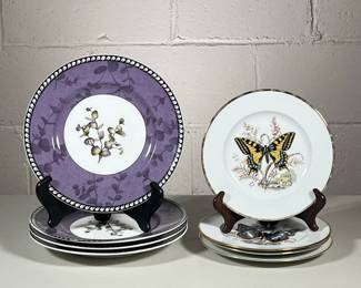 (8pc) Plates | 4 different butterfly dessert plates marked Western Germany, 4 matching Lenox purple plates with eucalyptus in the center
Dimensions: dia. 8 in (Butterfly plates)