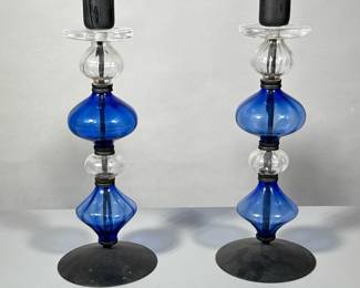 Hoglund Candlestick Holders | Mid Century candle holders made with wrought iron and glass by the Swedish designer Erik Hoglund. - h. 15 x dia. 6 in (Diameter at bottom)