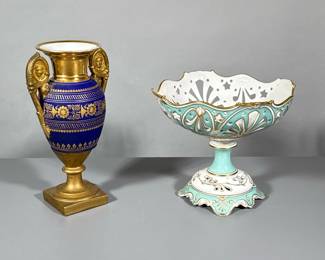 (2pc) Vase And Fruit Basket | Tall porcelain empire style vase with gilded design over dark blue. Porcelain openwork pedestal basket has gold trim. - h. 8 x dia. 10 in (Basket)