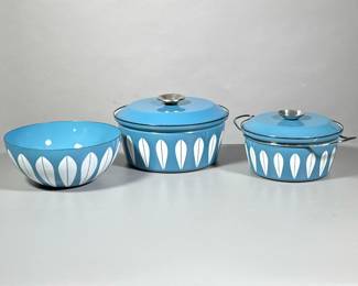 (3pc) Mid Century Modern Enamelware | Two covered casserole pots and a bowl. “Lotus” pattern by Cathrineholm, made in Norway. - h. 4 x dia. 9.5 in (bowl)