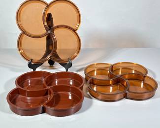(3pc) MCM Snack Trays | Amber Dansk acrylic sectioned trays. - w. 10 x l. 10 in