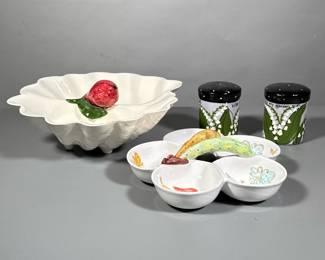 (4pc) Ceramic Serving Dishes And Salt And Pepper Shakers | Scalloped serving bowl divided into two sections with a pear in the middle. 5 section serving dish painted with a different vegetable in each section made in Italy. Lily of the Valley salt and Pepper Shakers - h. 3 x w. 11 x l. 12 in (Largest)