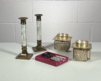(5pc) Candle Stick Holder And Knives | Brass candle sticks decorated with mother of pearl on columns. Unique square candle sticks holders from Equador. Cheese spreaders with oak leaves handles made of pewter type metal. - h. 8.5 x w. 3 in