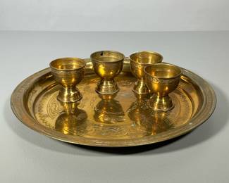 TURKISH COFFEE CUPS & PLATTER | Set of 4 brass Turkish coffee cups with matching platter - h. 1 x dia. 12.25 in (platter)