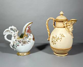 (2pc) Unique Pitchers | Vintage Japanese pitcher Kutani ware with dragon handle, floral design with gold accents. Taller pitcher is an antique Royal Worcester Blush lidded jug. Both marked on bottom.
Dimensions: h. 10.5 x w. 7 in (Taller)