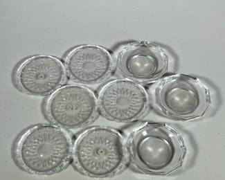 (9pc) VALSTAMBERT CUT CRYSTAL Or GLASS COASTERS | Including set of 6 cut crystal or glass coasters, and set of 3 larger coasters, all signed on bottom. - h. 1 x dia. 3.5 in
