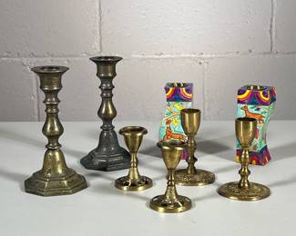 (6pc) BRASS SHABBAT CANDLESTICKS | 3 pairs of brass Shabbat candlesticks including: Tree of Life candlesticks, Israeli candlesticks, and other pair of brass candlesticks - h. 5.75 x dia. 3 in (largest)