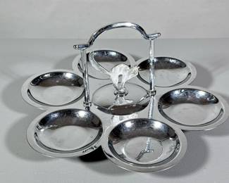 Serving Piece | 6-sectioned metal nut/candy serving tray with cat under handle on three feet. - h. 8 x dia. 15 in