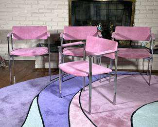 (4pc) STENDIG ALUMINUM ARMCHAIRS | Having magenta upholstery & chromed aluminum frame, marked on bottom “STENDIG / Made in Finland” seat height; 16.5 in - h. 28.5 x w. 22.5 x d. 19 in