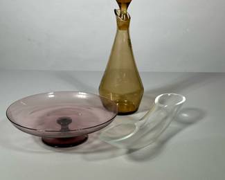 (3pc) Miscellaneous Glass Pieces | Auburn Oil or vinegar jar from Bloomingdale’s, petite cake plate and unusual tube vase. - h. 9.5 x w. 3 in (Vinegar jar)