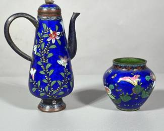 (2pc) Cloisonné | Matching small tall teapot and small vase. Blue enamel with floral design. - h. 7.5 x w. 5 in (teapot)