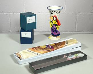 (4pc) MIXED JUDAICA | Including: New in box porcelain handles Sheffield England challah knife, porcelain kiddish cup, and pair of New in box painted kiddish glasses - h. 8.75 x dia. 4.25 in (largest)