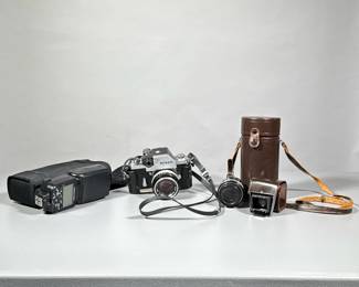 (3pc) Vintage Nikon Camera Plus Accessories | Nikon F camera body and lens Plus speed light 900 and other lenses - h. 10 x w. 8 x l. 8 in