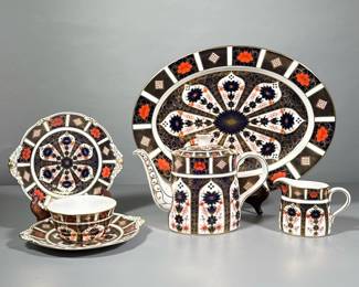 (6pc) Royal Crown Derby Imari Pattern Tea Set | Including teapot creamer sugar bowl 2 side plates Serving platter - h. 8 x w. 3 x l. 11 x d. 3 in (teapot dimensions)