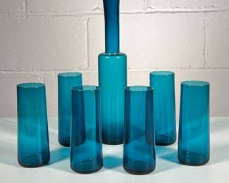 (7pc) Nanny Still for Rihimaen Lasi Oy Decanter & Glasses | Blue decanter & set of 6 matching glasses, decanter signed on bottom - h. 11.75 x dia. 2.5 in (decanter)