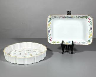 (2pc) Serving Dishes | One round scalloped quiche dish with petite floral design. Oblong white dish with bright floral trim. - h. 1.75 x dia. 9 in