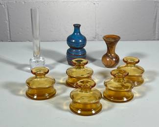 (8pc) Small Candle Holders | Including 4 matching mid century from Dansk Designs, France in an amber color. Tall clear glass, wooden and signed pottery vases as well. - h. 2.5 x dia. 2.5 in