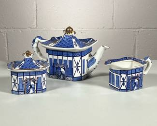 (3pc) Japanese Themed Tea Set | “Pagoda” classic design from Burleigh. Square teapot, sugar and creamer. - h. 7 x w. 6 x l. 11 in (Teapot)