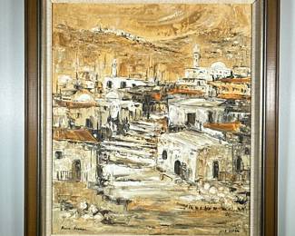 AHUVA SHERMAN (20TH/21ST CENTURY) OIL PAINTING | Oil on canvas. 25.5 x 22 in stretcher. Signed on bottom. Similar to her Jerusalem and Haifa series' - h. 31.25 x w. 27.75 in (frame)