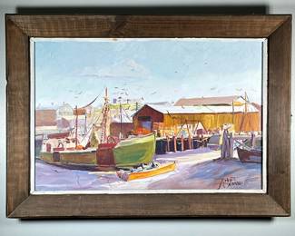 SIGNED HARBOR OIL PAINTING | Oil on canvas
20 x 30 in. Stretcher
Signed lower right
Attrib. to Robert Graham Dryden Alexander (1875-1945) - h. 25.25 x w. 35.25 x d. 2.5 in (frame)