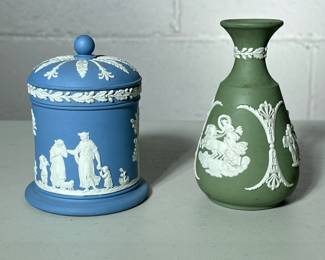 (2pc) Wedgewood Blue Jasperware | Includes a vase and covered jam pot - h. 4 x w. 3 x d. 3 in