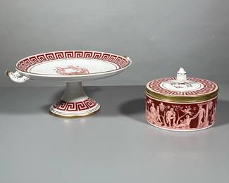 (2pc) Cake Plate And Covered Jar/Bowl | Matching Mottahedeh pieces made in Portugal. Pink and maroon trim. Cake plate is raised with handles.
Dimensions: h. 5 x dia. 11 in (Cake plate)