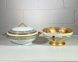 (2pc) Tureen And Bowl | Hand-painted Limoges bowl with gold trim and pink flowers. Covered tureen with gold handles also Limoges. - h. 5 x dia. 9.5 in