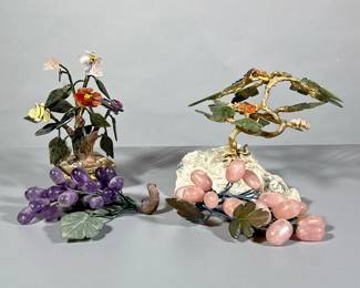 (4pc) Jade Bonsai Tree And Miscellaneous Glass Artwork | Bonsai Tree with gold branches is attached to stone. Plant in brass planter also jade with glass marked Made in Hong Kong. Grapes are glass with jade leaves.- h. 7 x w. 9 in (Bonsai Tree)