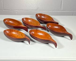 (6pc) MCM Individual Bowls | Possibly teak or monkey pod wood. Used for serving snacks, nuts.
Dimensions: h. 2 x w. 4 x l. 9 in