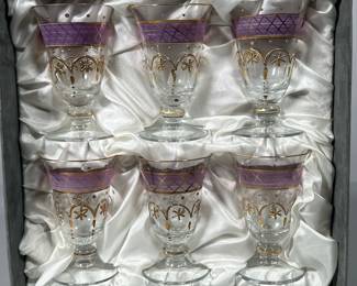 (6pc) HUNGARY BLOWN GLASSES | Set of 6 blown glass & decorated glasses in box, each glass: 3.75in h, 2.25in dia. - h. 3 x w. 10 x l. 10 in (box)