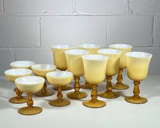 (12pc) AMBER MILK GLASS GLASSES | Including 7 water goblets and 5 champagne glasses - h. 7 x dia. 3.75 in