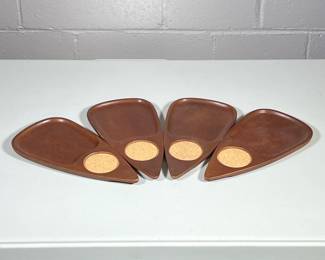 (4pc) Snack Trays | MCM Teak wood individual trays with cork drink coaster. - w. 5 x l. 10 in