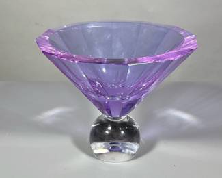 SIGNED MOSERS GLASS BOWL | 12-sided purple brown with ball base, signed by artist on bottom & marked “Mosers” - h. 6.75 x dia. 8 in