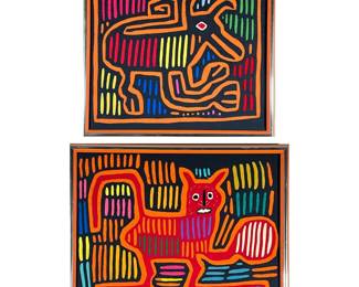 (2pc) COLOMBIAN MOLA TEXTILE ART | Set of 2 traditional Colombian MOLA textile artworks - h. 15.5 x w. 17.5 in