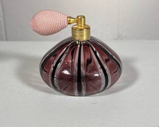BLOWN GLASS PERFUME BOTTLE | Having a purple striped design - h. 3.5 x dia. 4 in