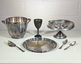 (7pc) SILVER PLATE ITEMS | Mixed silver plate items including: Gorham silver plate platter, ice bucket, wine glass, handled tray, cake server, and 2 spoons - h. 6.5 x dia. 7.5 in (ice bucket)