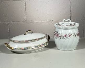 (2pc) Tureen And Jar | Covered white jar with floral design, numbered on bottom. Covered tureen, Homer Laughlin, with gold handles. - h. 5 x w. 6.5 x l. 11 in
