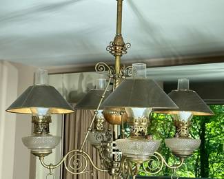 4 LIGHT ELECTRIFIED OIL LAMP CHANDELIER | Copper & brass 4 light electrified chandelier
Dimensions: h. 32 x w. 32 x l. 32 in