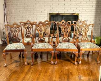 (8pc) CHIPPENDALE DINING CHAIRS | Set of 8 Chippendale dining chairs including 2 armchairs & 6 side chairs with floral upholstered seat, intricately cared back, cabriole legs over claw-on-ball feet - h. 40 x w. 25.25 x d. 20.5 in