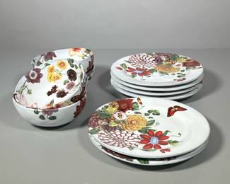 (10pc) Bowls and Salad Plates | 6 plates and 4 matching bowls made in Portugal by Dahlia’s. Butterflies, dahlias and pansies design. - h. 2.5 x dia. 5.5 in (bowl)
