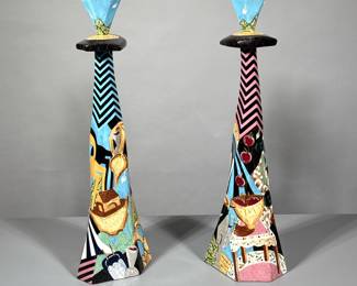 (2pc) PAIR LARGE DECORATIVE CERAMIC CANDLESTICKS | Pair of large decorative ceramic candlesticks, signed & dated on bottom - h. 19 x w. 5.75 x l. 6 in