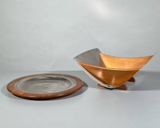 (2pc) Mid Century Swedish Metal And Teak Bowl & Stand | 2-piece Swedish square bowl on stand - h. 5 x w. 10 x d. 8 in