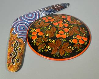 (2pc) Boomerang And Wall Art | Hand-made boomerang from Australia, hand-painted. Soviet era round, wooden, red art wall hanging. - 10 in (Wooden artwork)