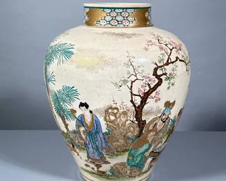 ASIAN VASE | Decorated with figural & natural scenes with gilt accents & borders - h. 13 x dia. 11 in