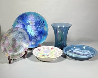 (5pc) Artistic Dishes | Painted art glass plate with markings, painted pottery pie dish, handmade painted grapes on copper plate from Israel, blue wide mouth vase with faint painted flowers on side, and a shallow pottery bowl engraved, “May You Be Happy.” - dia. 12 in (Israeli plate)