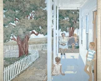 MICHAEL A. PALMER (20TH/21ST CENTURY) OIL PAINTING | Aunt Piti Pat’s Porch. Oil on canvas 40 x 40 in stretcher. Signed, dated, and titled on verso - h. 44.5 x w. 44.5 x d. 2.5 in