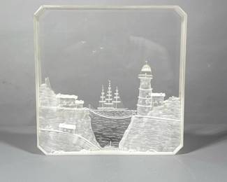 Lucite Art | Etched acrylic etched art block depicting a lighthouse scene. - h. 8.5 x w. 8.5 in